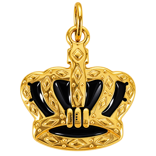 Ornate gold-tone crown charm with glossy black enamel panels