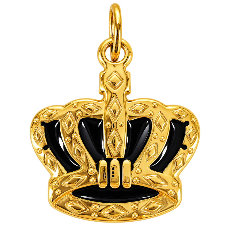 Ornate gold-tone crown charm with glossy black enamel panels