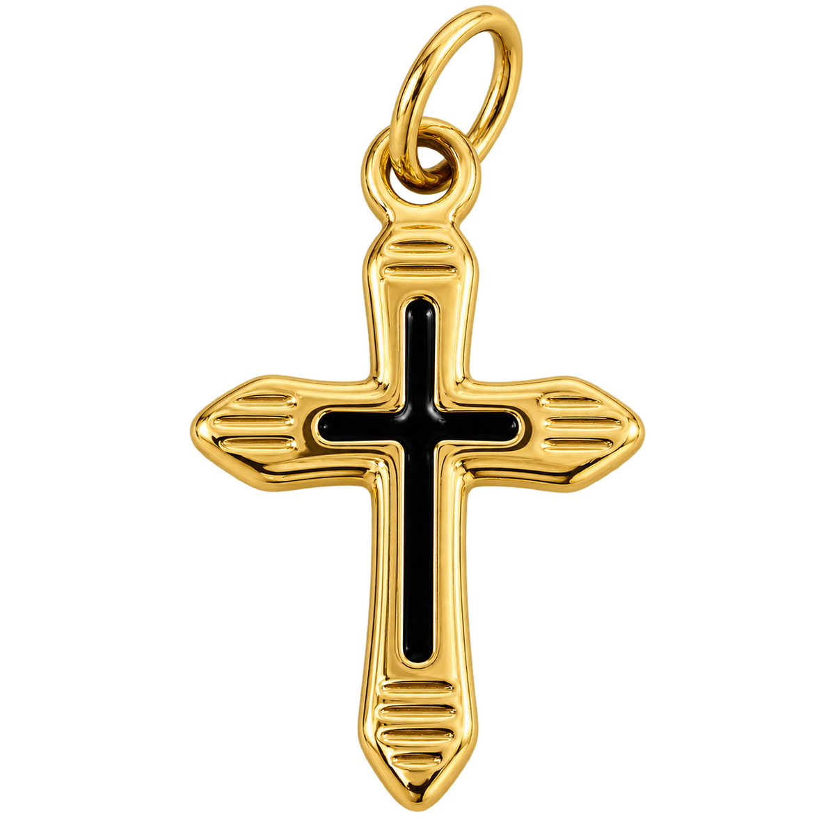 Polished gold-tone cross charm with black inset cross