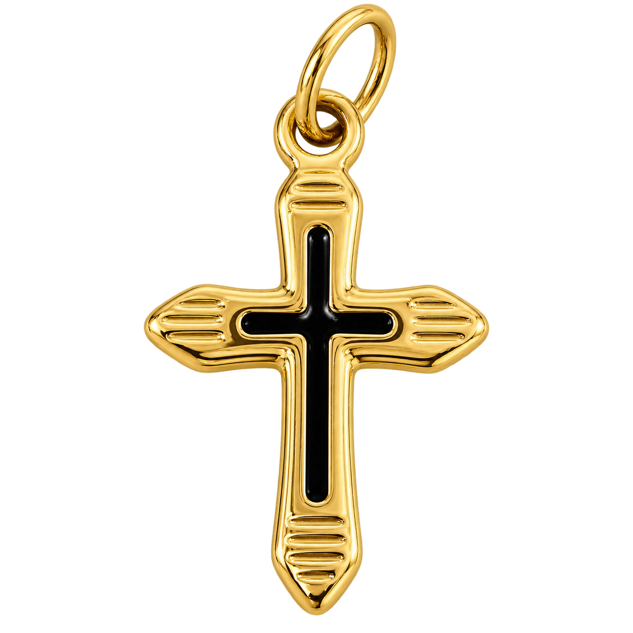 Polished gold-tone cross charm with black inset cross