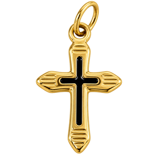 Polished gold-tone cross charm with black inset cross