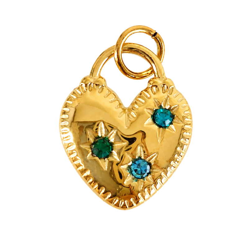 Gold-tone heart charm with three blue and green crystals in star settings