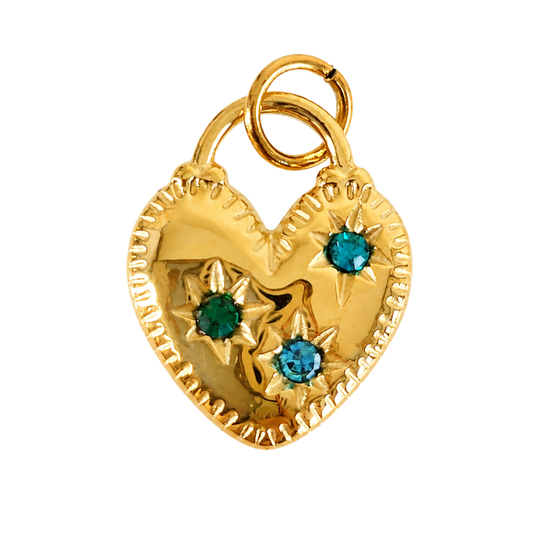 Gold-tone heart charm with three blue and green crystals in star settings