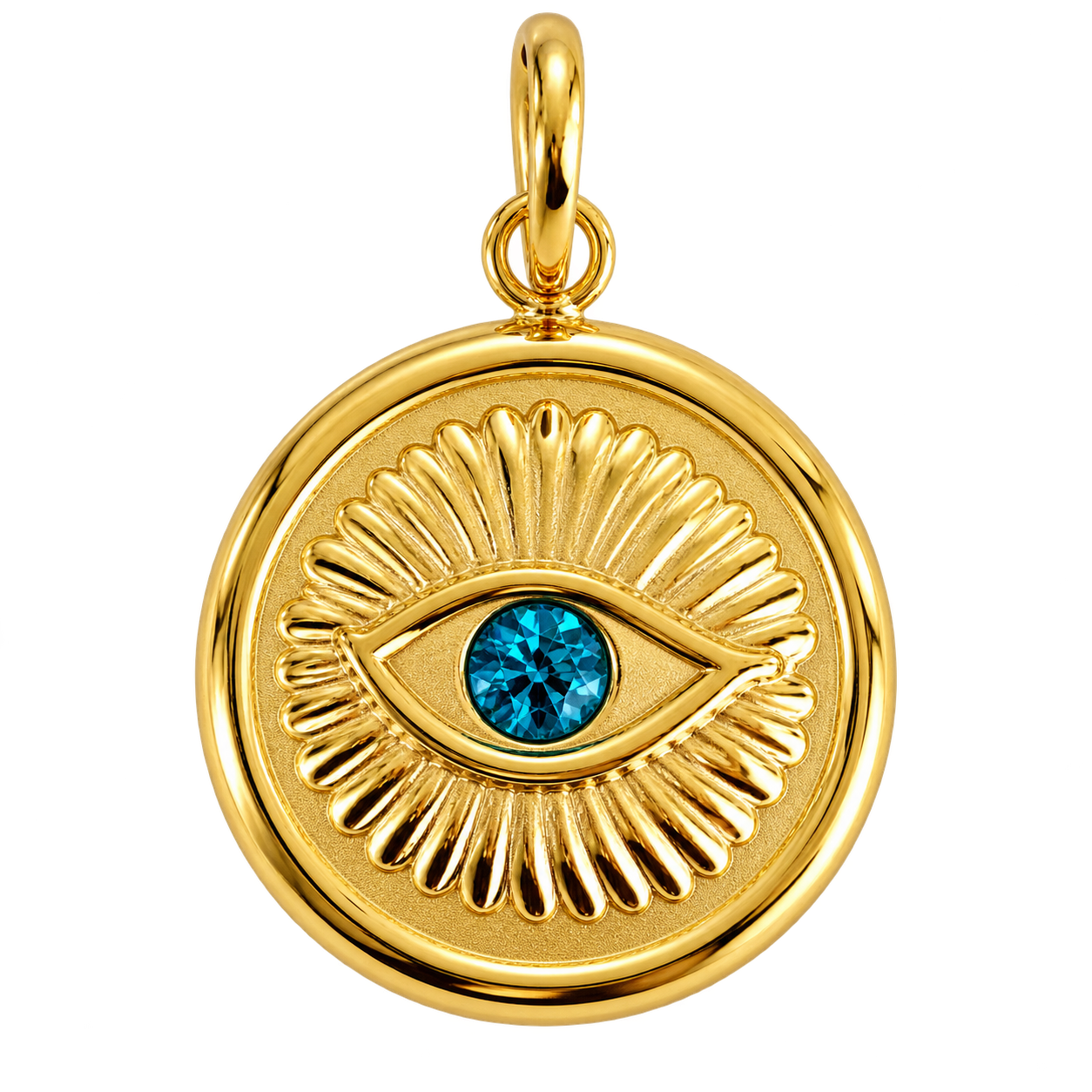 Round gold-tone evil eye medallion charm with blue crystal center