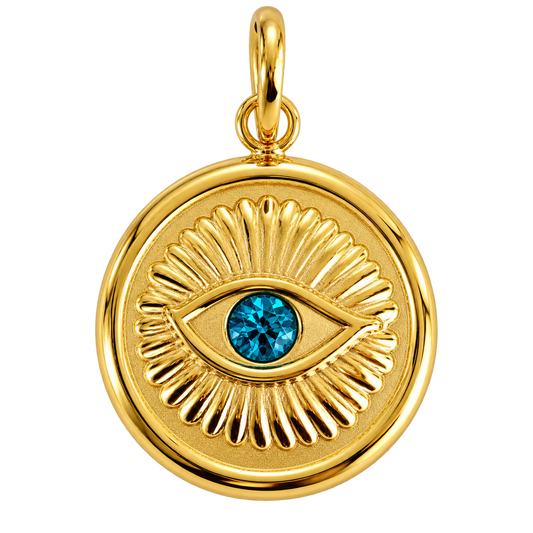 Round gold-tone evil eye medallion charm with blue crystal center
