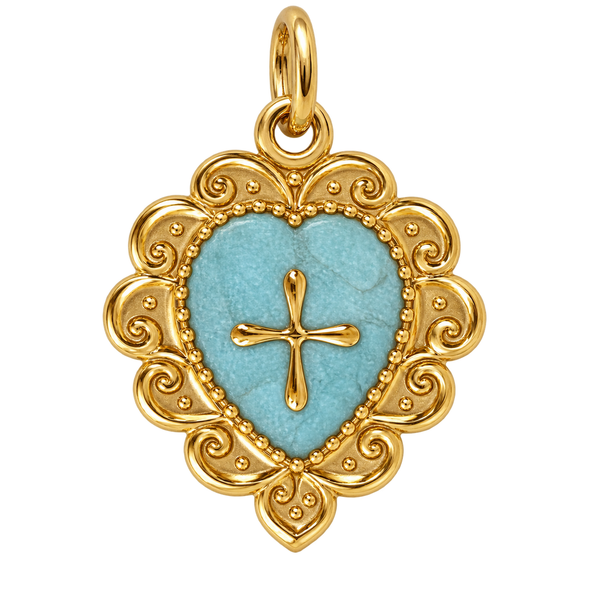 Pale blue heart charm with gold-tone cross and ornate border