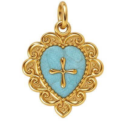 Pale blue heart charm with gold-tone cross and ornate border