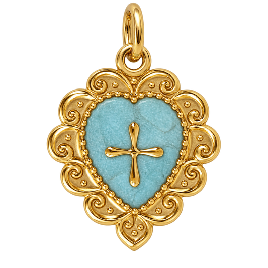 Pale blue heart charm with gold-tone cross and ornate border