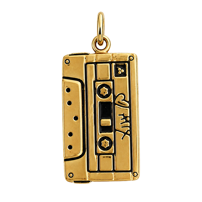 Detailed gold-tone cassette tape charm with black enamel accents