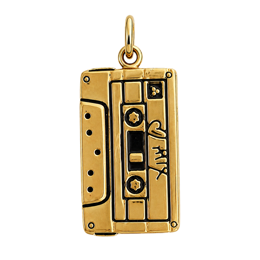 Detailed gold-tone cassette tape charm with black enamel accents