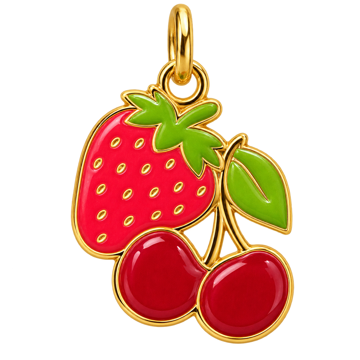 Enamel strawberry and cherry fruit charm with green leaves