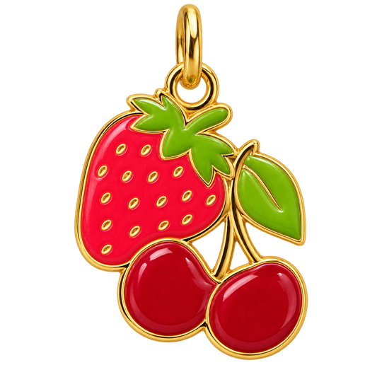 Enamel strawberry and cherry fruit charm with green leaves