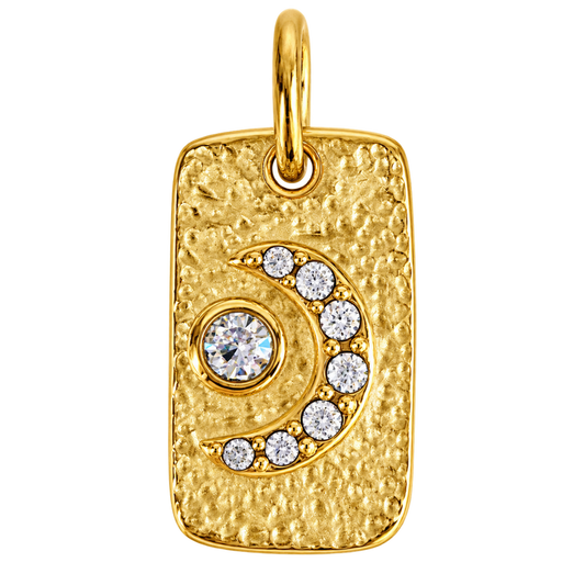 Hammered gold-tone tag charm with clear crystal crescent moon