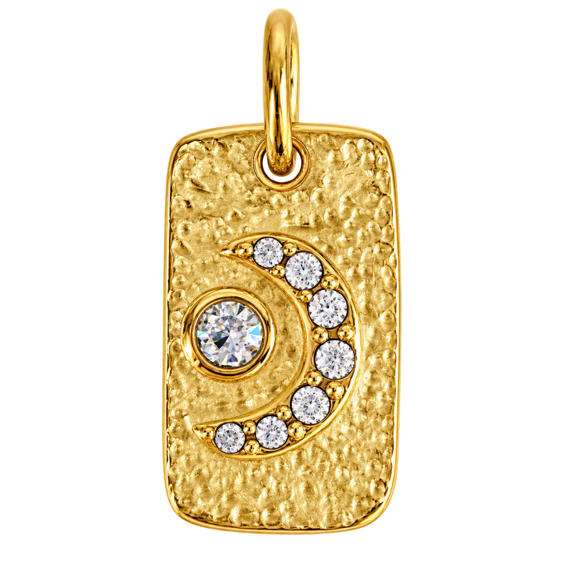 Hammered gold-tone tag charm with clear crystal crescent moon