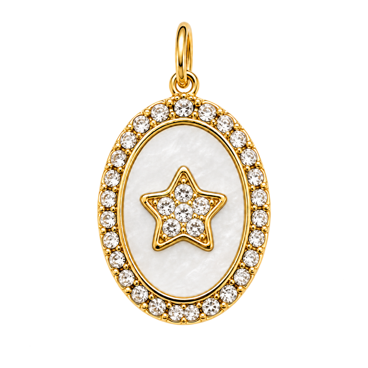 Gold-tone oval charm with pearly center and clear crystal star