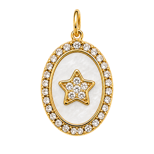 Gold-tone oval charm with pearly center and clear crystal star