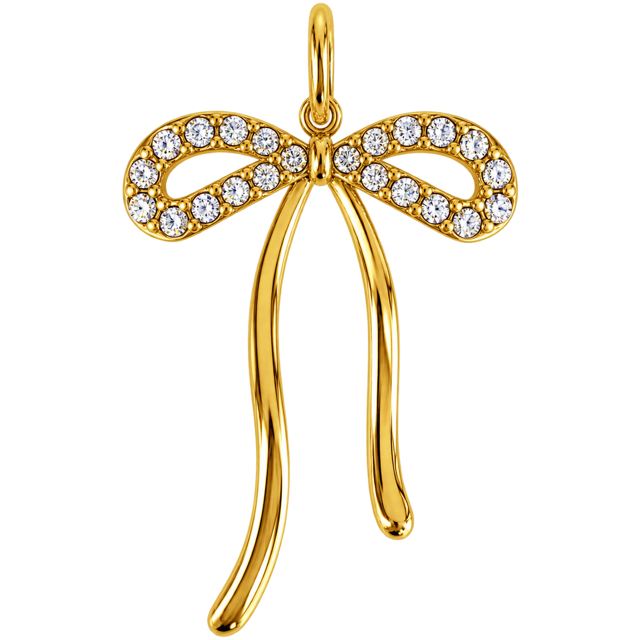 Long gold-tone ribbon bow charm set with clear crystals