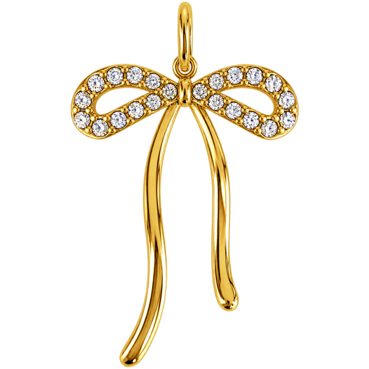 Long gold-tone ribbon bow charm set with clear crystals