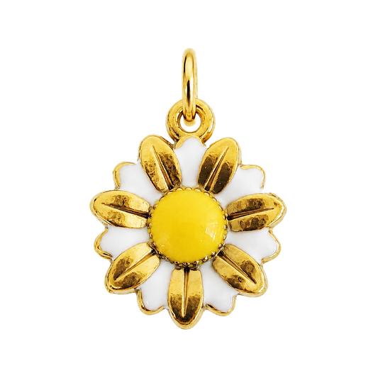 Gold-tone daisy charm with white petals and yellow center