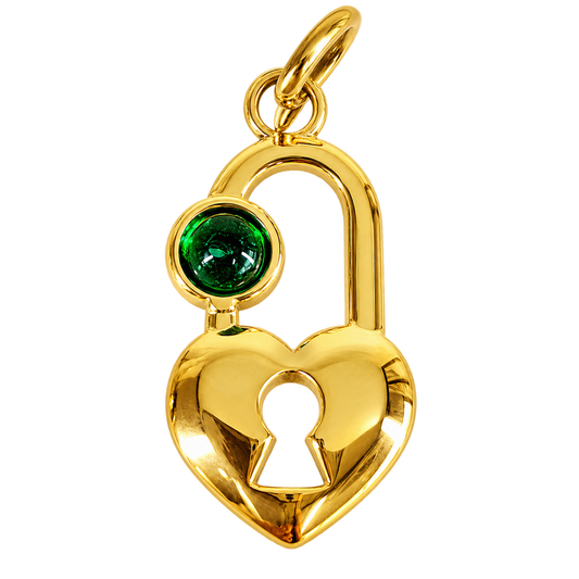 Gold-tone heart padlock charm with keyhole and emerald-green stone