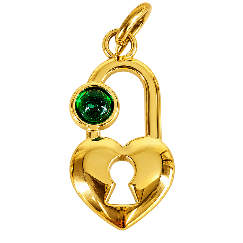Gold-tone heart padlock charm with keyhole and emerald-green stone