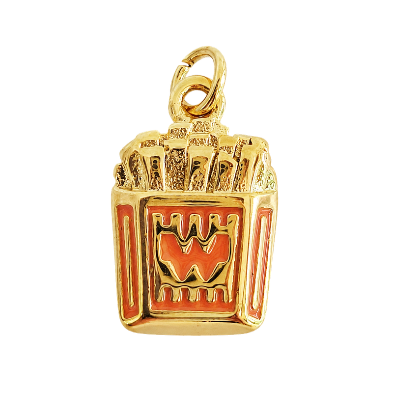 Gold-tone French fries charm with warm coral enamel