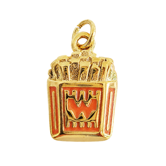 Gold-tone French fries charm with warm coral enamel