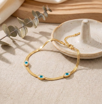 The Luna Evil Eye Herringbone Bracelet in 18K Gold