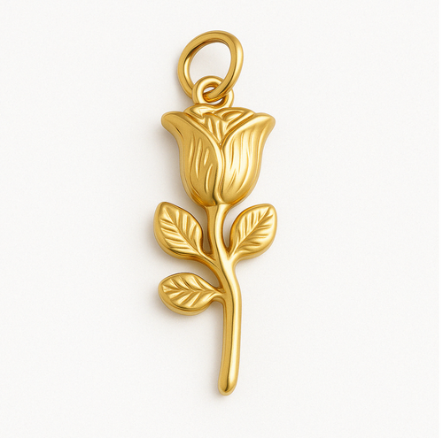 Gold rose charm pendant with detailed petals and leaves, photographed on a white background.