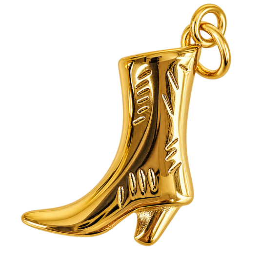 Polished gold-tone cowboy boot charm with engraved details
