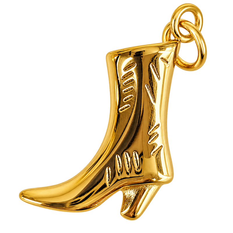 Polished gold-tone cowboy boot charm with engraved details