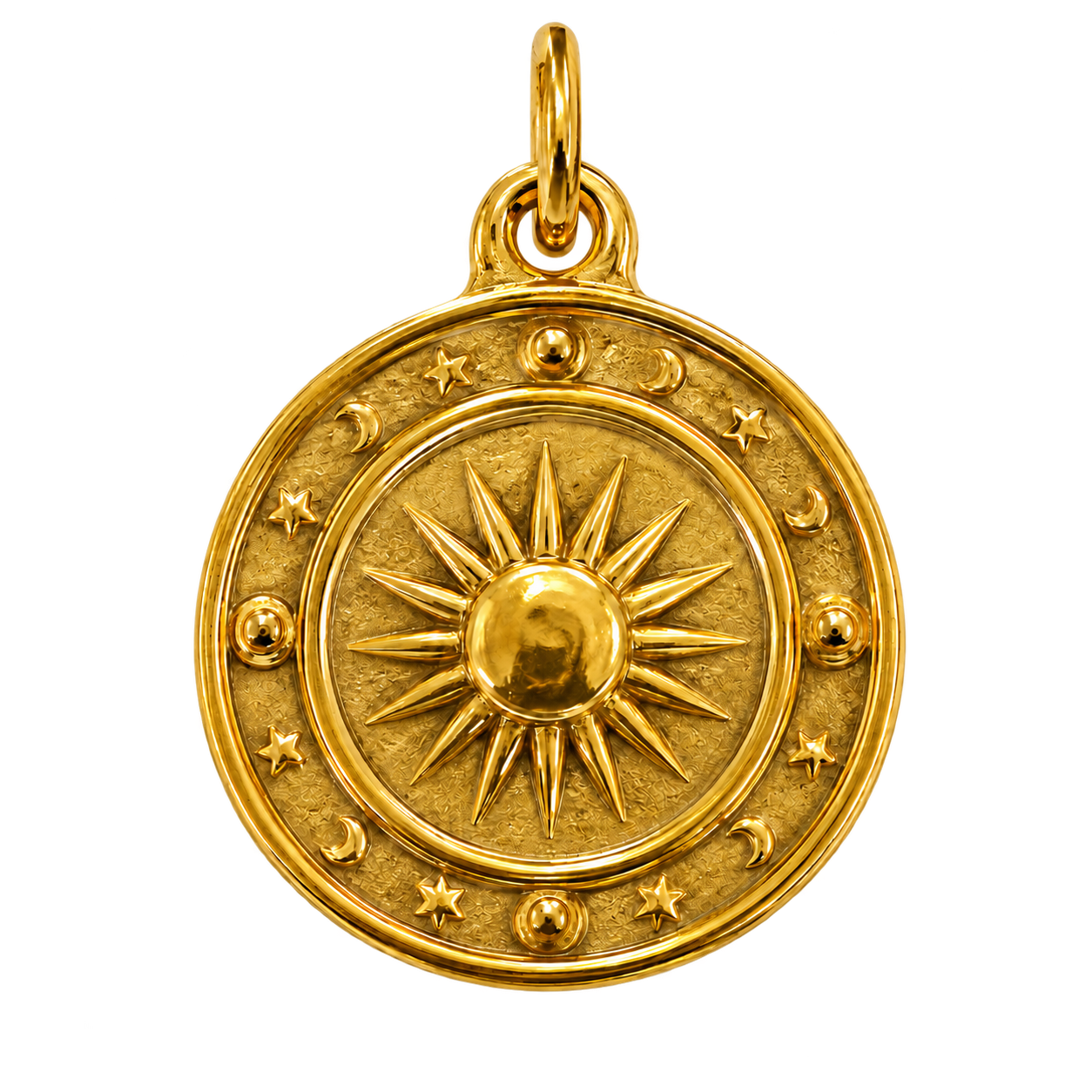 Gold-tone celestial medallion charm with raised sun, moons and stars