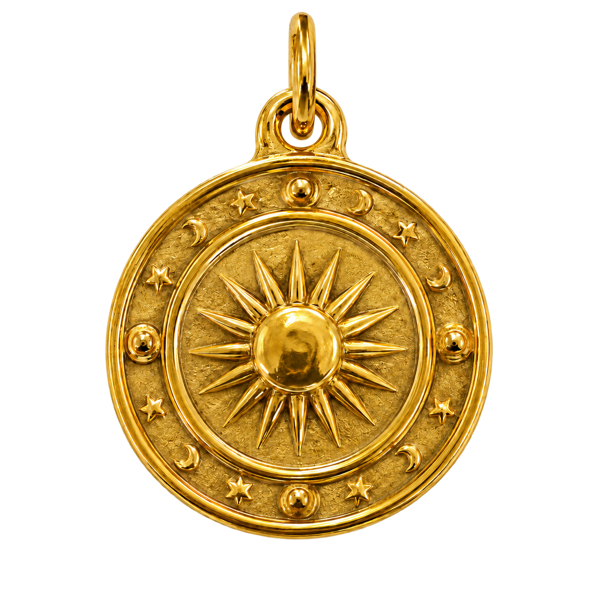 Gold-tone celestial medallion charm with raised sun, moons and stars