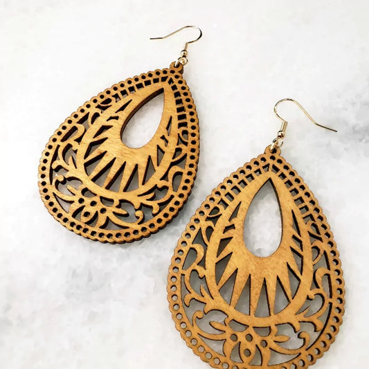 Laser Cut Teardrop Wooden Earrings