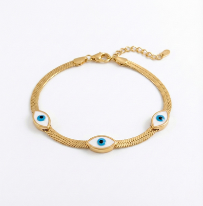 The Luna Evil Eye Herringbone Bracelet in 18K Gold