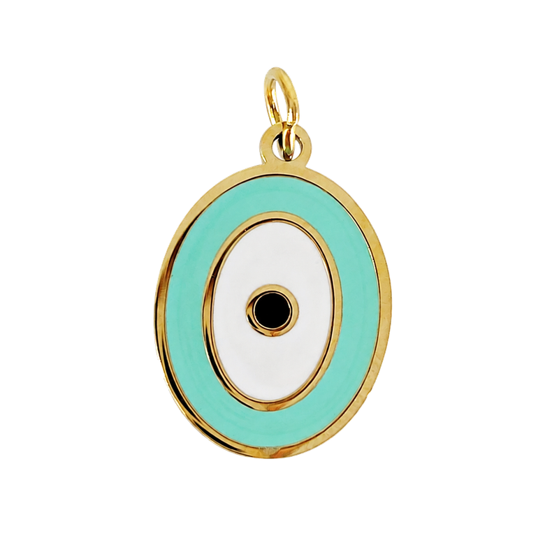 Oval mint and white enamel evil eye charm with gold-tone trim