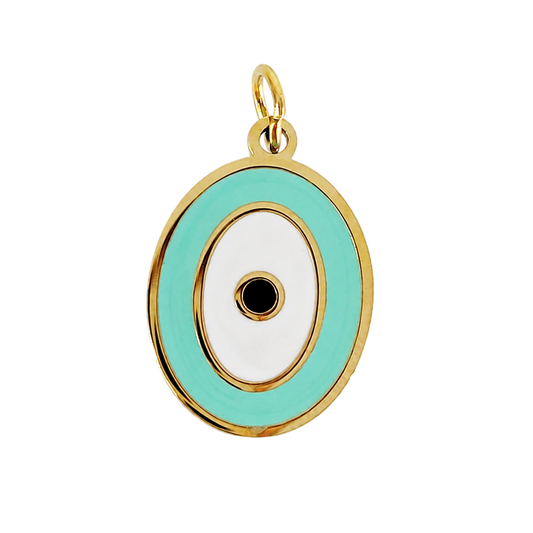 Oval mint and white enamel evil eye charm with gold-tone trim