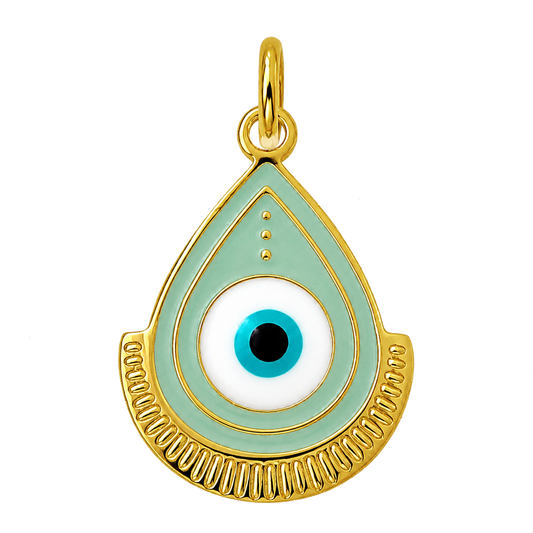 Mint teardrop evil eye charm with gold-tone border