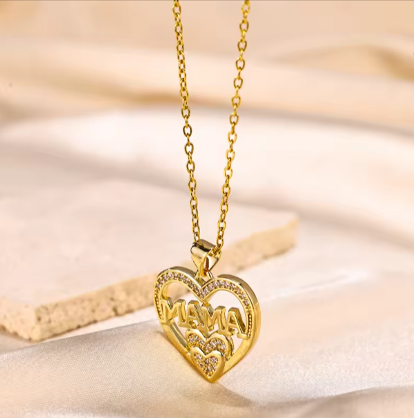MAMA Heart Pendant Necklace in Gold Plated Zircon - Mother's Day Gift