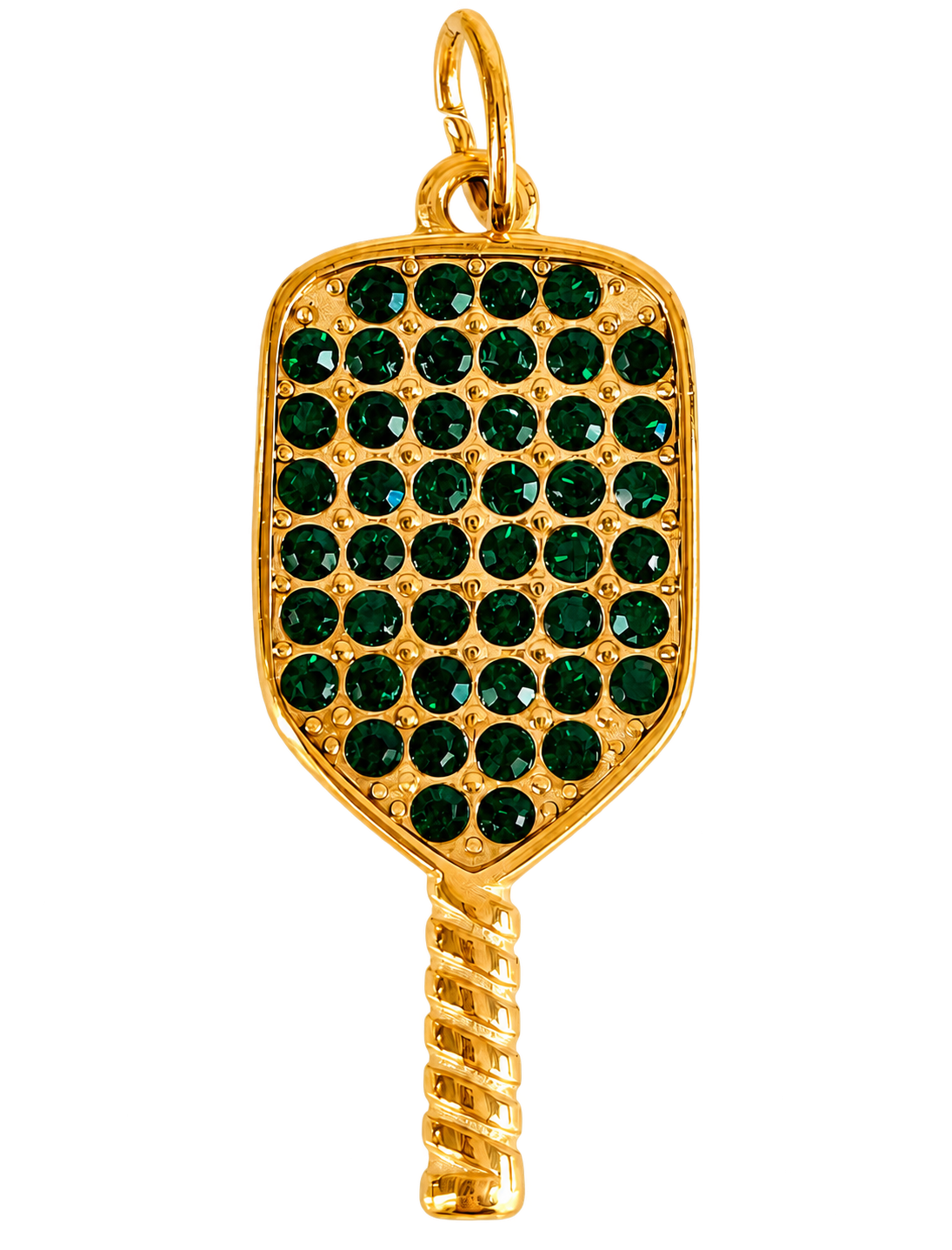 Gold-tone pickleball paddle charm with emerald-green stones