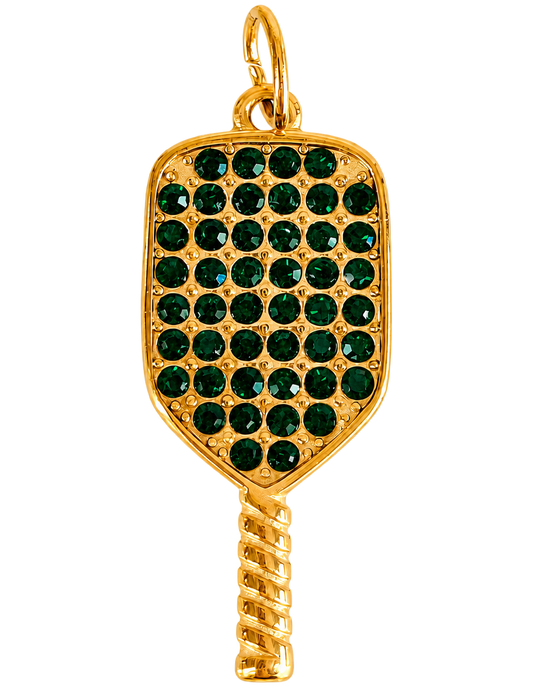 Gold-tone pickleball paddle charm with emerald-green stones