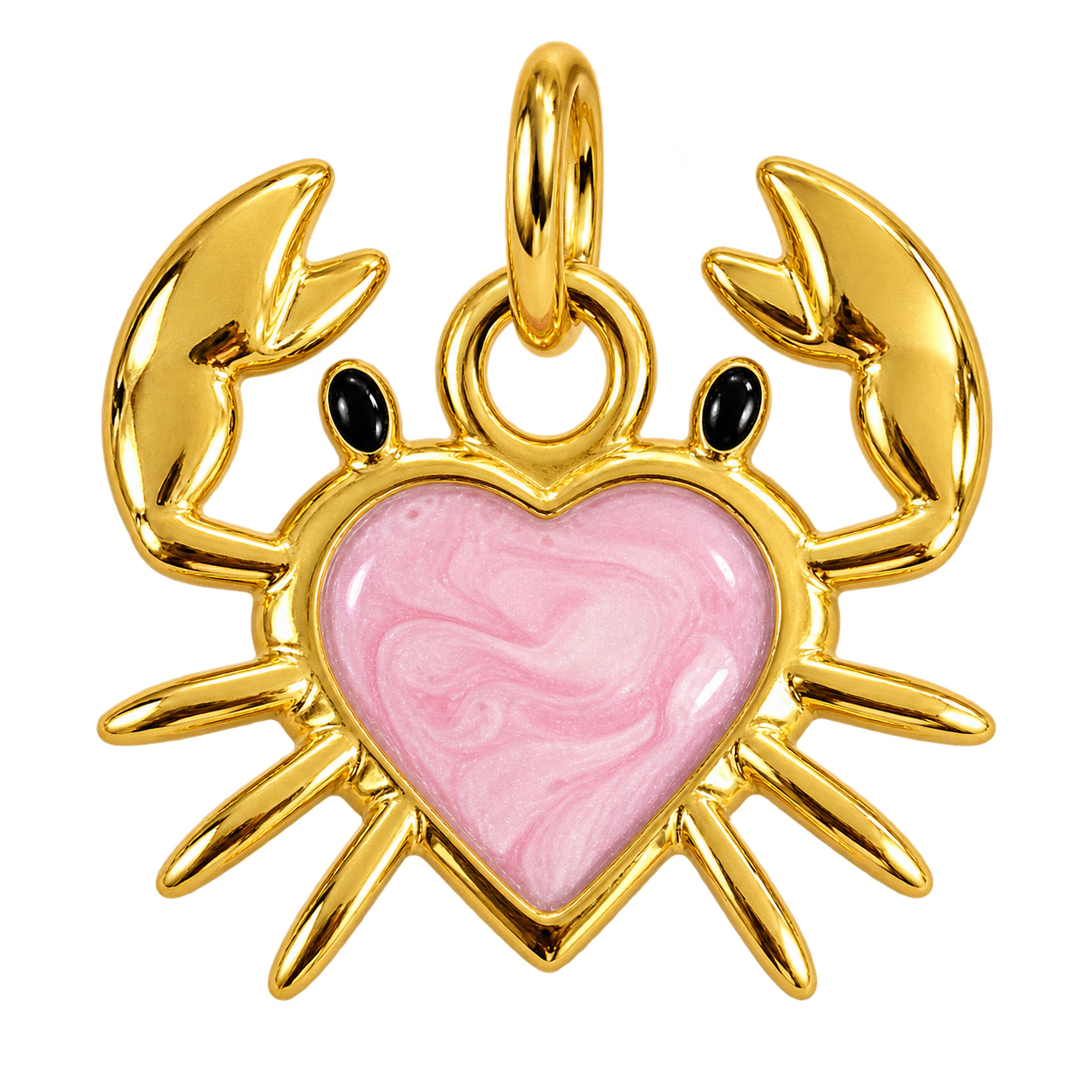 Gold-tone crab charm holding a pink pearlescent heart