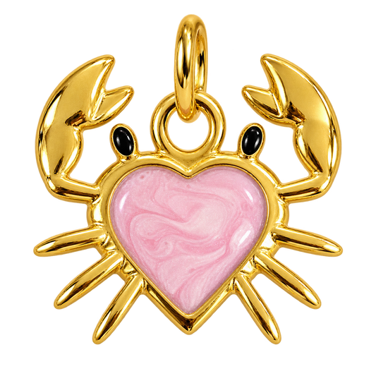 Gold-tone crab charm holding a pink pearlescent heart