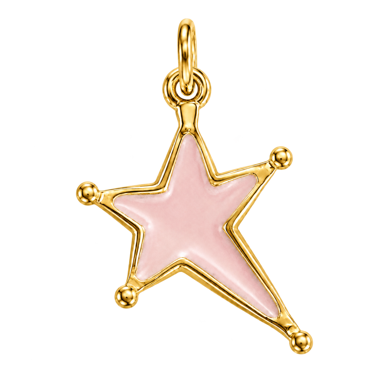 Blush-pink enamel star charm with polished gold-tone border and tip beads