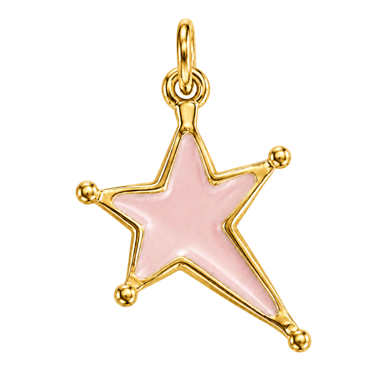 Blush-pink enamel star charm with polished gold-tone border and tip beads