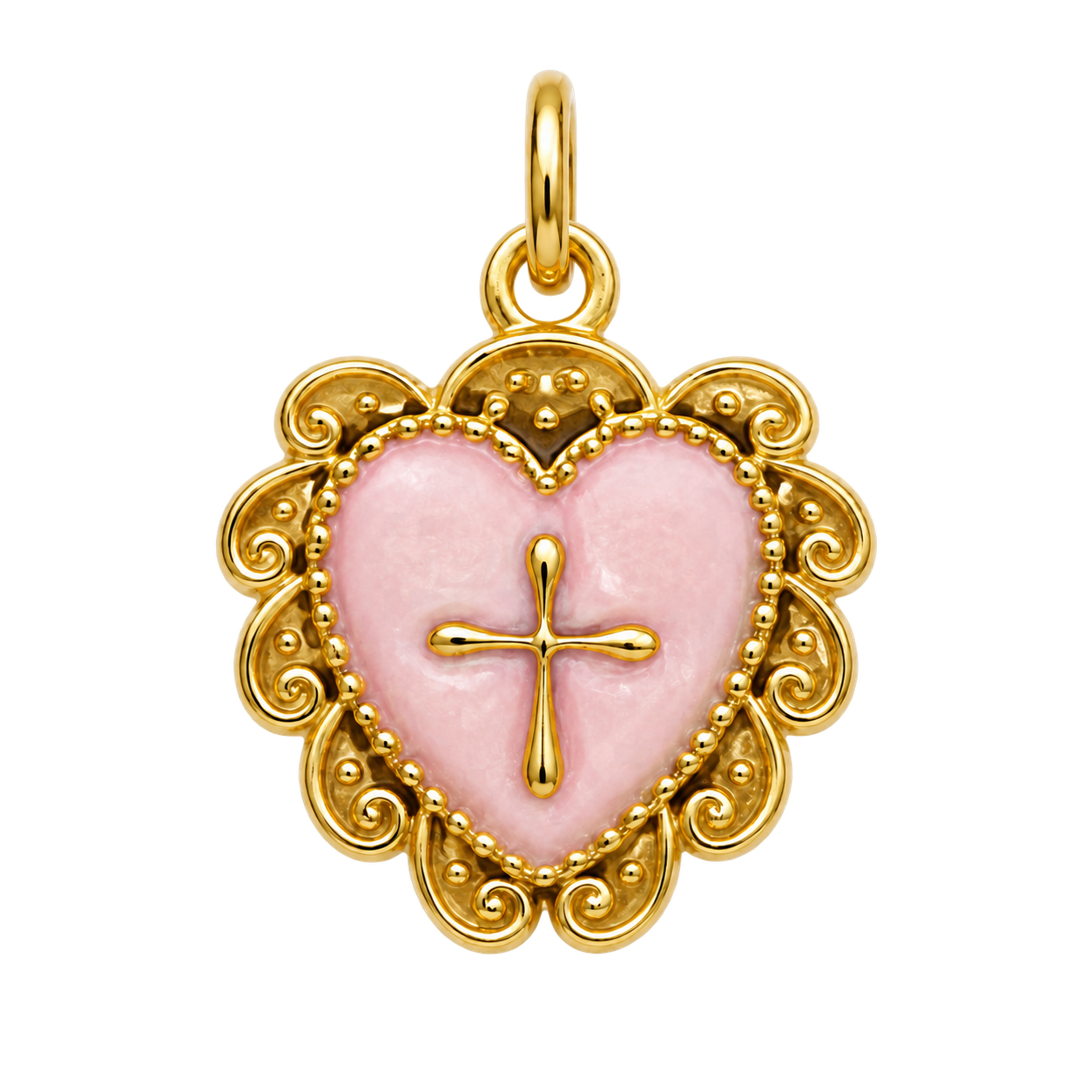 Pink pearlescent heart charm with gold-tone cross and ornate border