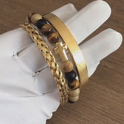 Men's Luxury 3-Piece Tiger Eye & Cross Bracelet Set