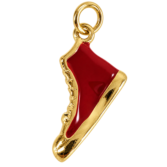 Glossy red enamel tennis shoe charm with gold-tone trim