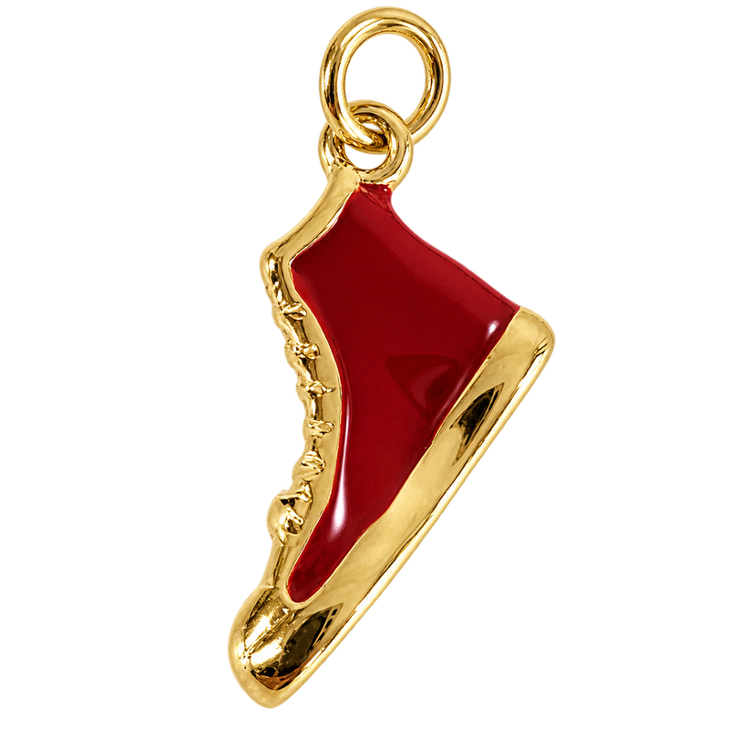 Glossy red enamel tennis shoe charm with gold-tone trim