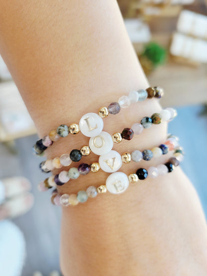 Natural Stone Initial Bracelet - Sea Shell Letter Charm
